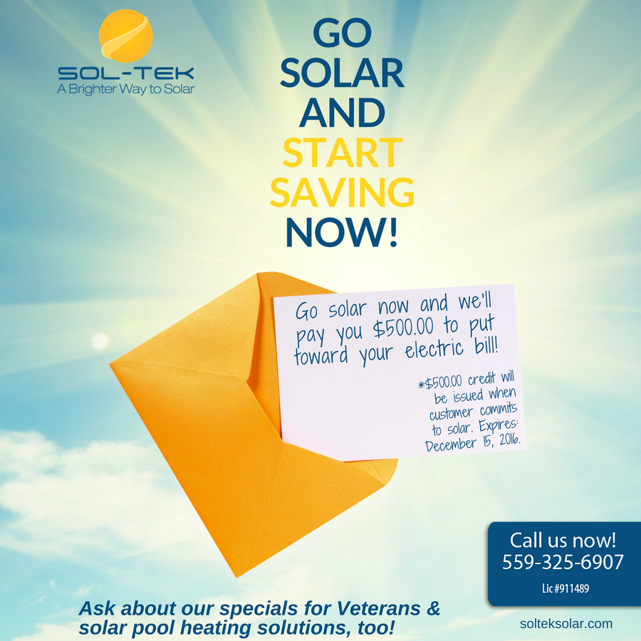 Shows sunny sky with a special invitation to save on Sol-Tek Solar monthly specials