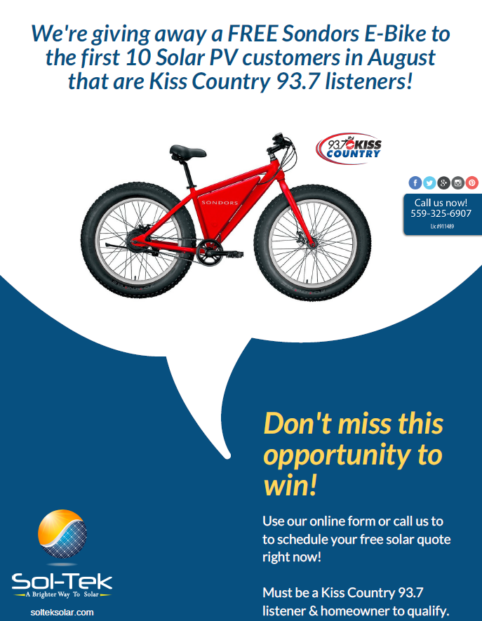 Flyer shows special contest for 93.7 Kiss Country listeners. The first 10 Kiss Country Listeners to Go Solar with Sol-Tek will receive a free Sondors E-Bike. *Must be homeowner to qualify.