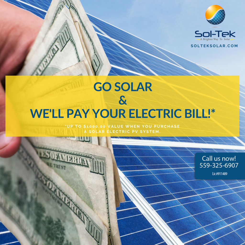 Shows a background of solar electric panels with a hand holding $100 dollar bills and a headline offer of go solar and we'll pay your electric bill*
