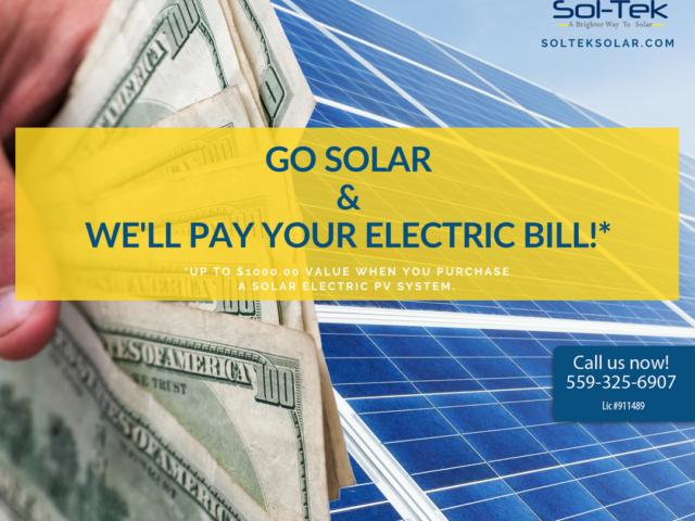Shows a background of solar electric panels with a hand holding $100 dollar bills and a headline offer of go solar and we'll pay your electric bill*